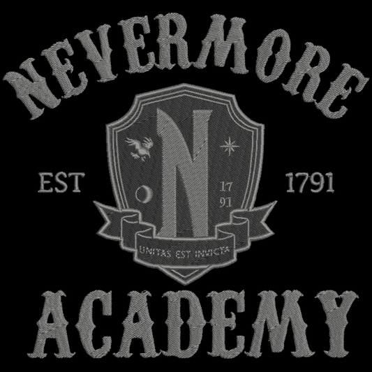 Gray embroidered-style text and crest reading 'NEVERMORE ACADEMY' with 'EST 1791' and a central shield emblem on a black background.