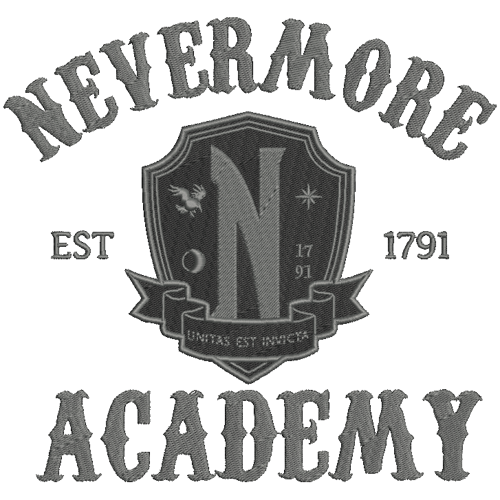 Gray embroidered-style graphic reading 'NEVERMORE ACADEMY' with a central crest, large letter N, 'EST 1791,' and a banner reading 'UNITAS EST INDICTA' on a white background.