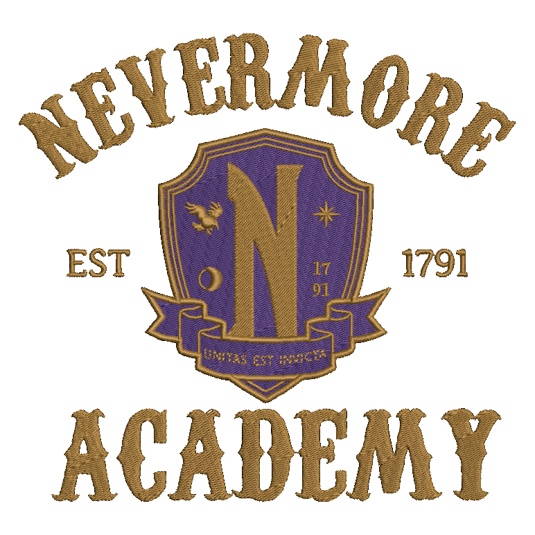Embroidered-style Nevermore Academy logo design on a white background, with gold lettering reading 'NEVERMORE' and 'ACADEMY,' a purple and gold crest with a large letter N, and 'EST 1791' on either side.