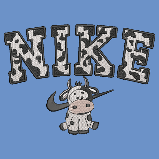 A graphic design featuring the word 'NIKE' in large varsity-style letters with a cow-print pattern, above a cartoon cow wearing a Nike swoosh.