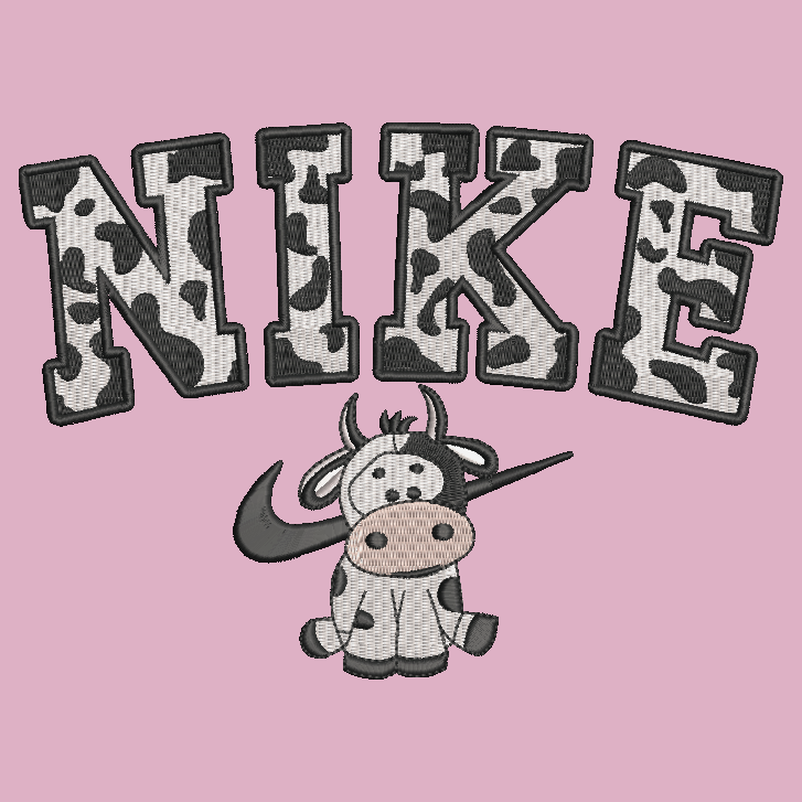 A pink background with a large embroidered-style word 'NIKE' in black-and-white cow-print letters above a cartoon cow holding a black swoosh.