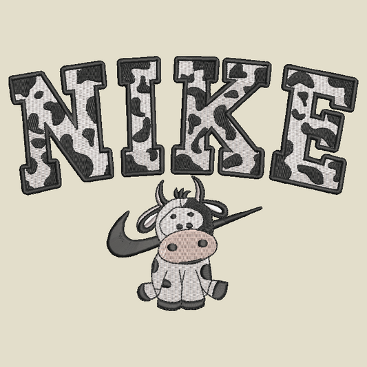 A graphic design featuring the word 'NIKE' in arched letters filled with a black-and-white cow print pattern, with a cartoon cow wearing a Nike swoosh on its neck, all on a light beige background.