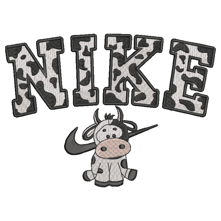 Nike embroidered patch featuring the word 'NIKE' in arched letters filled with a black-and-white cow print pattern, above a cartoon cow wearing a black swoosh.