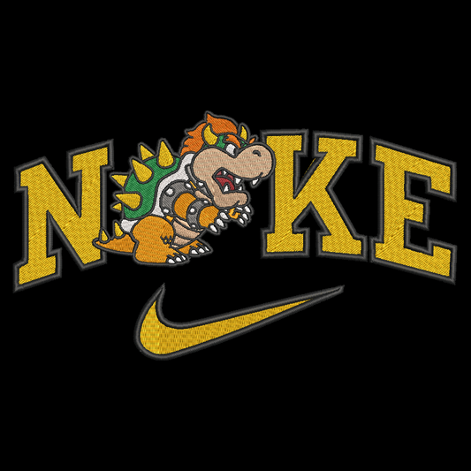 black background with embroidered design of bowser from mario bros in between the nike letters logo