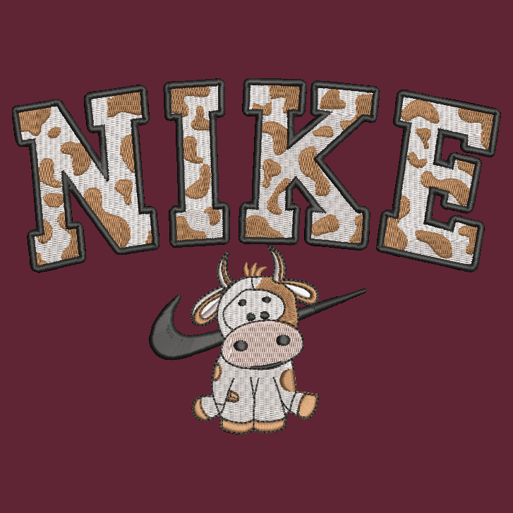 A graphic design featuring the word 'NIKE' in large varsity-style letters with a cow-print pattern, above a cartoon cow wearing a black Nike swoosh.