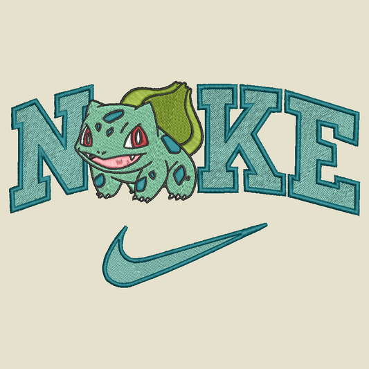 pokemon bulbasaur with nike logo on a beige background