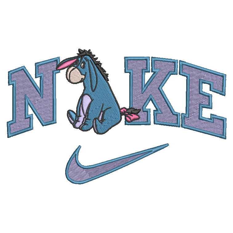 embroidered eeyore in the nike logo on a white background