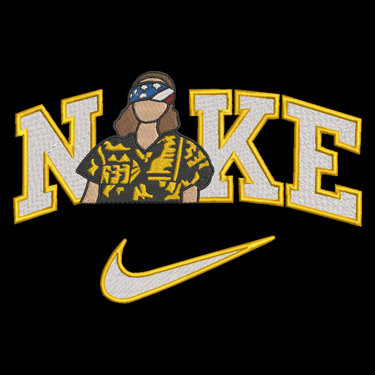 A black graphic design featuring the word 'NIKE' in large white letters with yellow outlines, overlaid with an illustration of a person wearing a black and yellow patterned shirt and a blue visor. Below is a white Nike swoosh with a yellow outline.