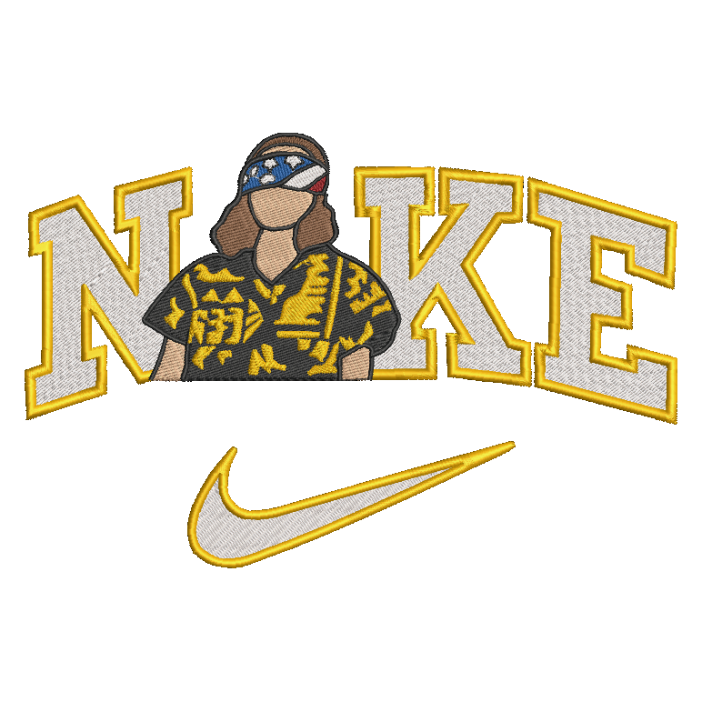 An embroidered patch featuring the word 'NIKE' in large white letters with yellow outlines, a stylized person in a patterned shirt and visor in the center, and a yellow-and-white Nike swoosh below on a white background.