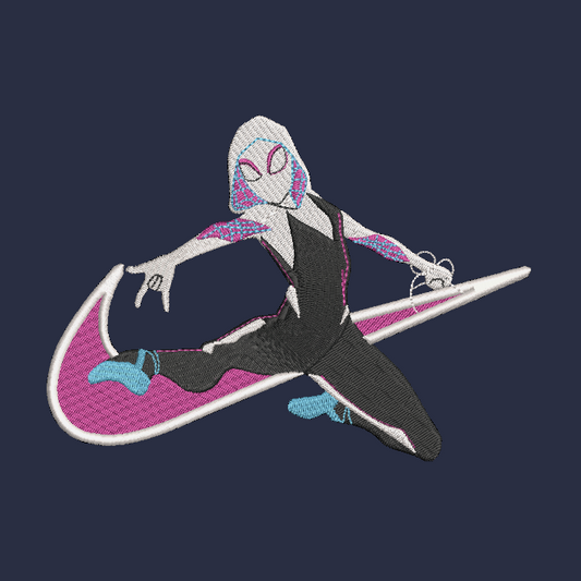 Embroidered design of a character with a large Nike logo on a dark background
