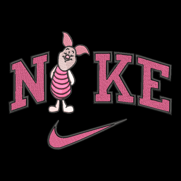 black background with piglet winnie the pooh character in the middle of nike logo