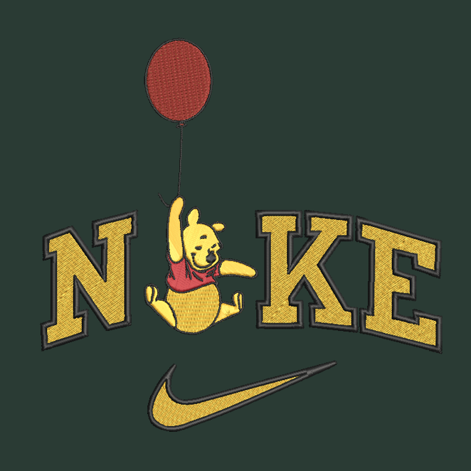 green background with embroidered design on winnie the pooh holding a balloon in the middle of the nike logo