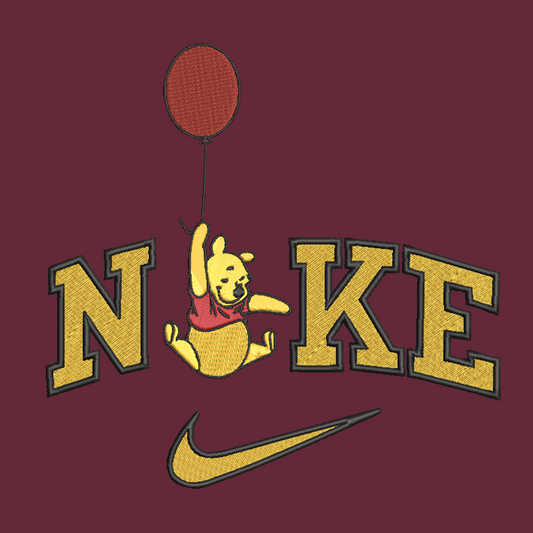 maroon background with embroidered design on winnie the pooh holding a balloon in the middle of the nike logo