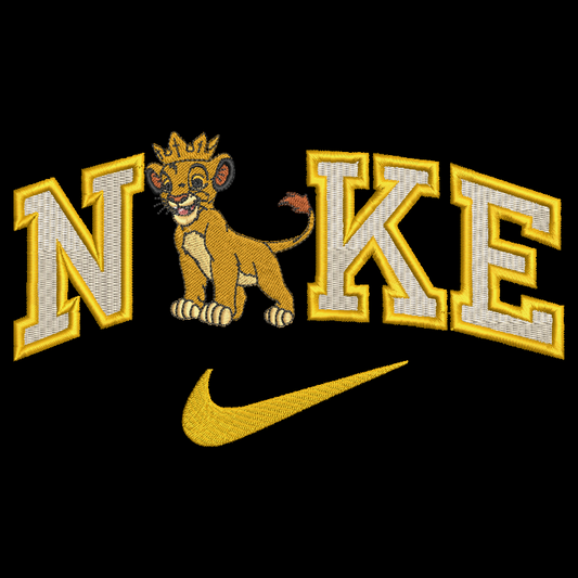 Embroidered graphic on a black fabric background featuring the word 'NIKE' in large arched letters with a crown-adorned lion cub as the letter 'I', plus a gold swoosh below.