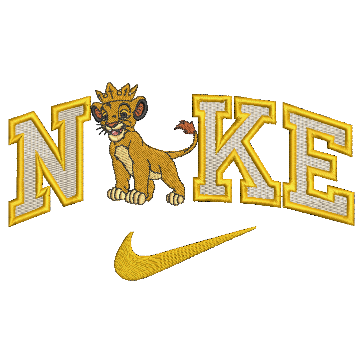 Embroidered Nike logo design featuring the word 'NIKE' in yellow and white varsity-style letters with a golden lion cub wearing a crown between the letters, and a yellow swoosh below, on a white background.
