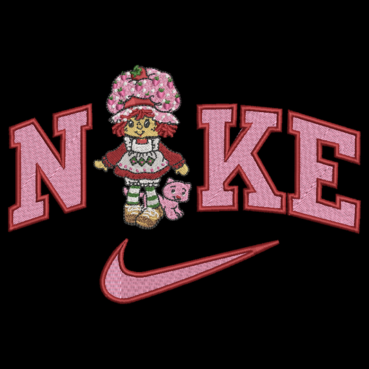 embroidered strawberry shortcake design in the nike logo on a black background