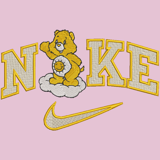 Embroidered design with a sunshine care bear character and 'Nike' letters on a pink background