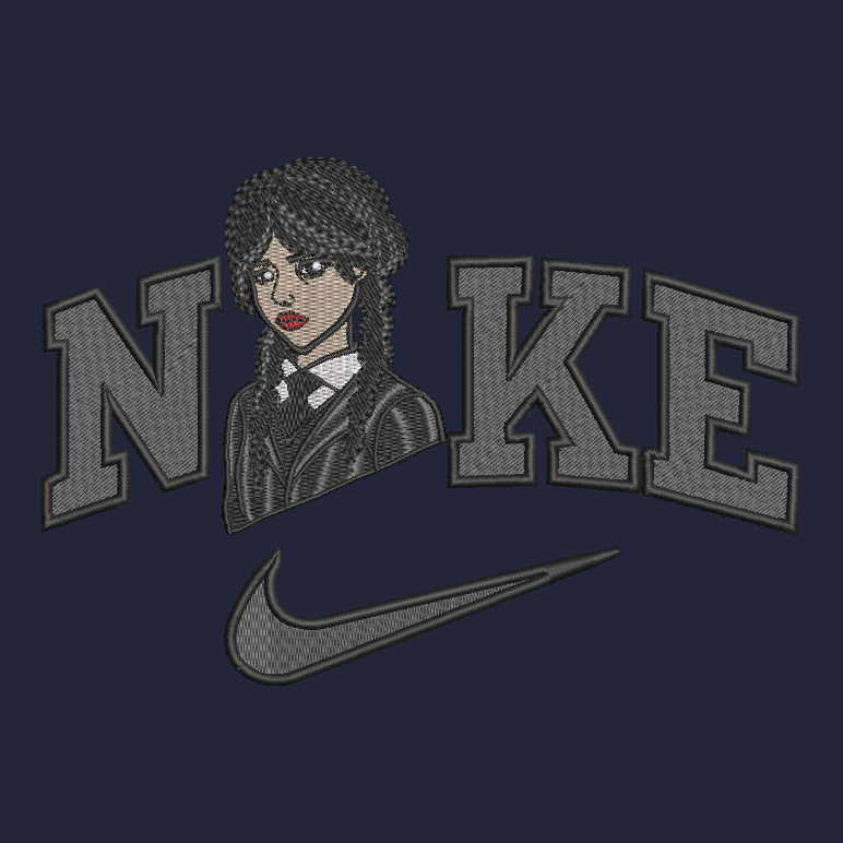 A dark navy blue graphic design featuring the word 'NIKE' in large gray varsity-style letters, with a stylized illustrated face integrated into the 'I' and a gray Nike swoosh below. The face has dark curly hair, red lips, and a gray blazer over a white shirt.