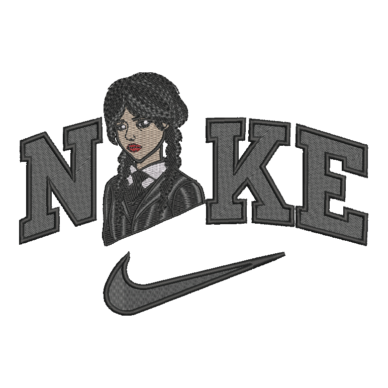 An embroidered design featuring the word 'NIKE' in large gray varsity-style letters with a stitched illustration of Wednesday Addams in the center, and a gray Nike swoosh below, all on a white background.