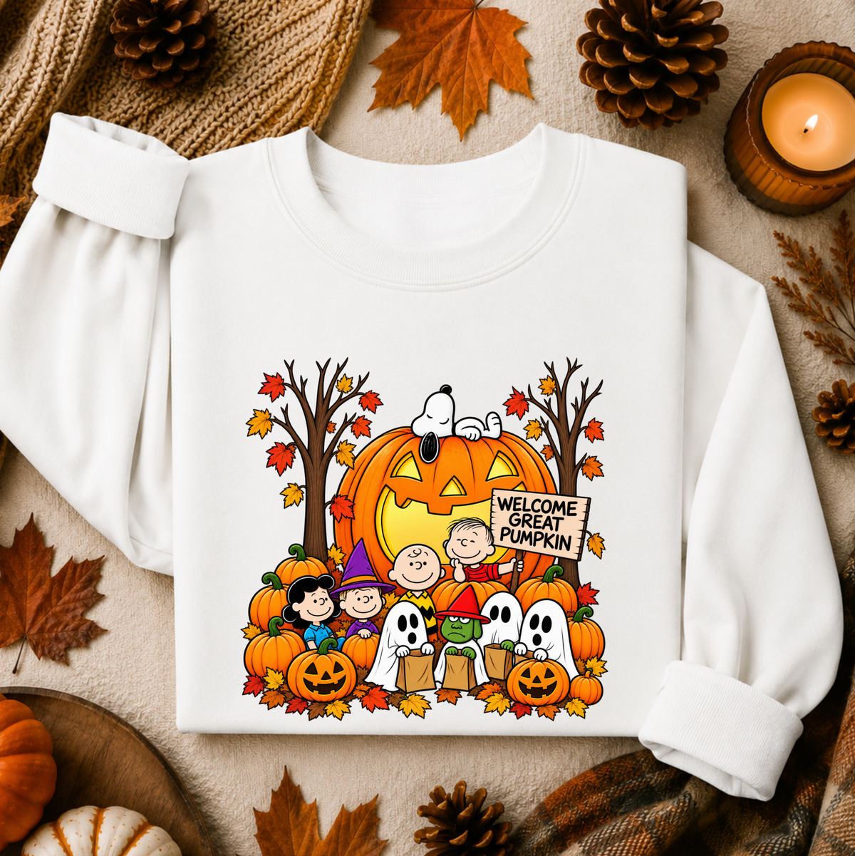 A white long-sleeve sweatshirt laid flat on a cozy autumn-themed background. The front has a colorful cartoon graphic featuring Snoopy, Woodstock, Charlie Brown, Peanuts characters, pumpkins, ghosts, and a sign that reads “Welcome Great Pumpkin.