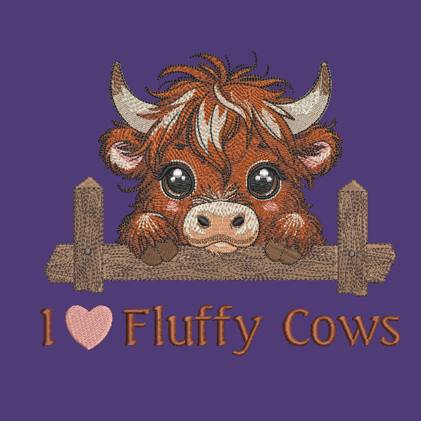 embroidered highland cow with a heart and text on a purple background