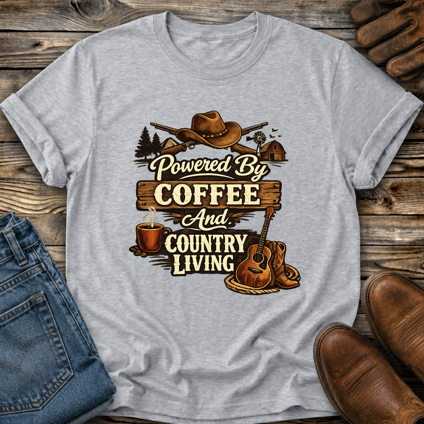 gray tshirt with country western style graphic design that says powered by coffee and country living