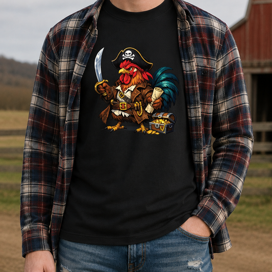 man wearing a black tshirt with a pirate chicken funny graphic design