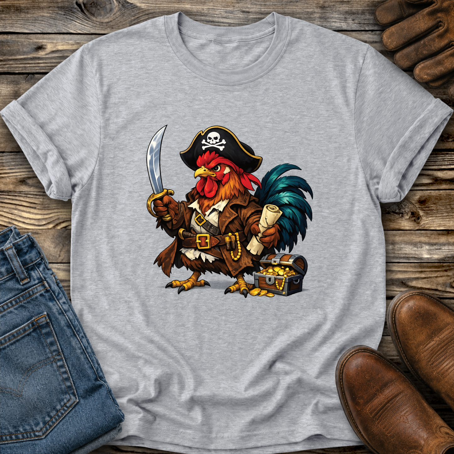 gray tshirt with a pirate chicken funny graphic design