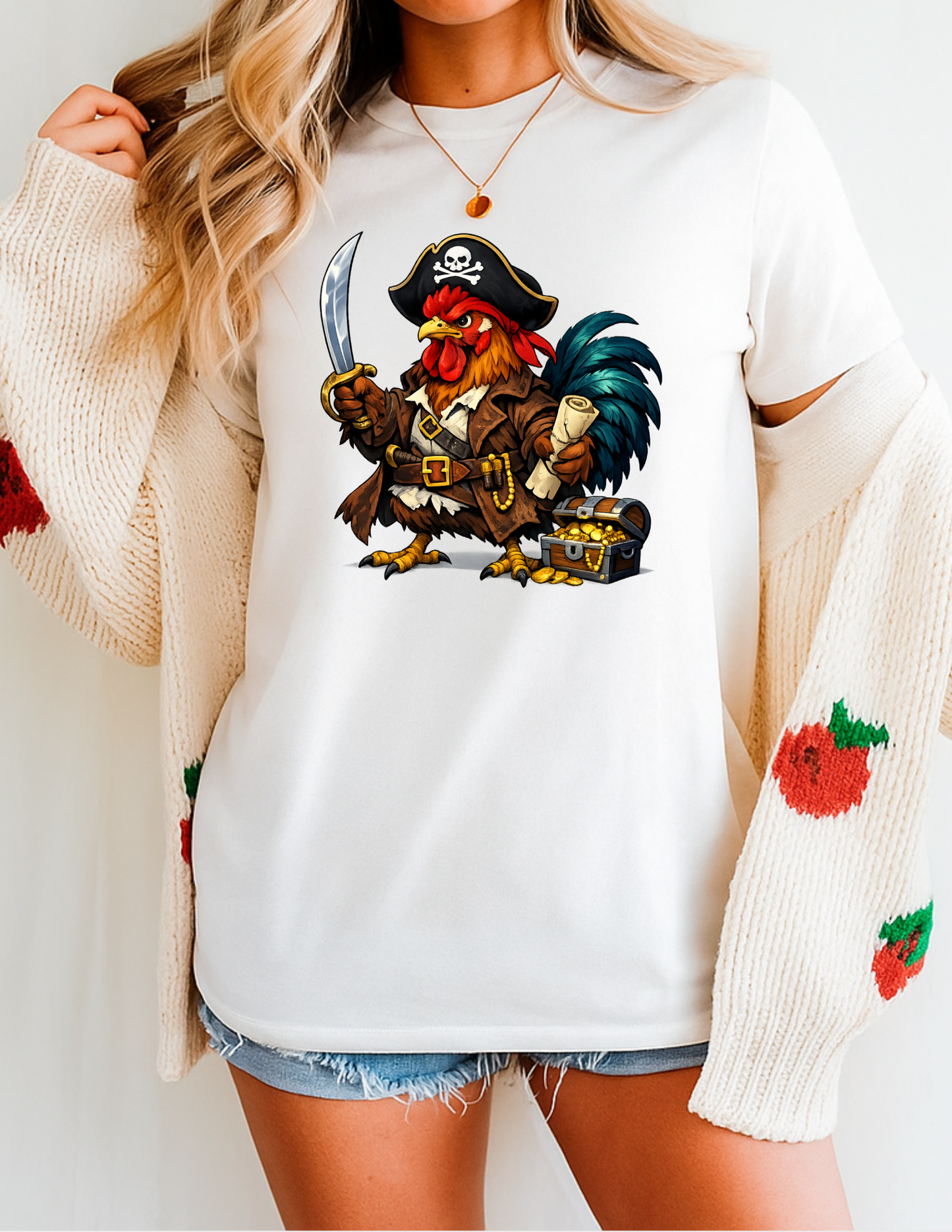 Rooster Pirate Graphic Tee T-shirt or Sweatshirt ADULT Unisex Hoodie / Crewneck Funny Chicken Cartoon