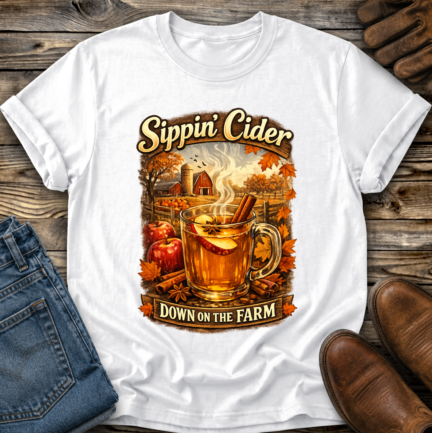 white tshirt with fall autumn farm scene with a glass of apple cider graphic that says sippin cider down on the farm