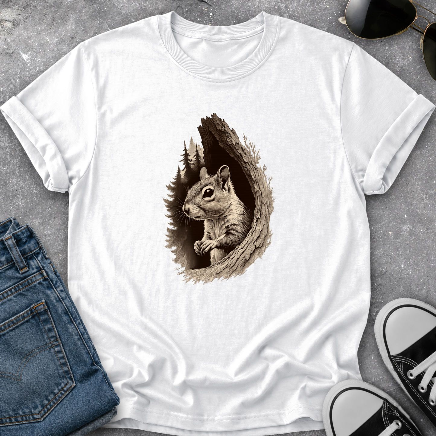 A white short-sleeve crewneck t-shirt laid flat on a gray textured surface, featuring a detailed graphic of a squirrel peeking out of a tree hollow. The shirt is styled with a pair of blue jeans, black sneakers, and sunglasses.