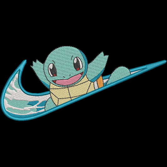 black background with embroidered pokemon squirtle character on a swoosh