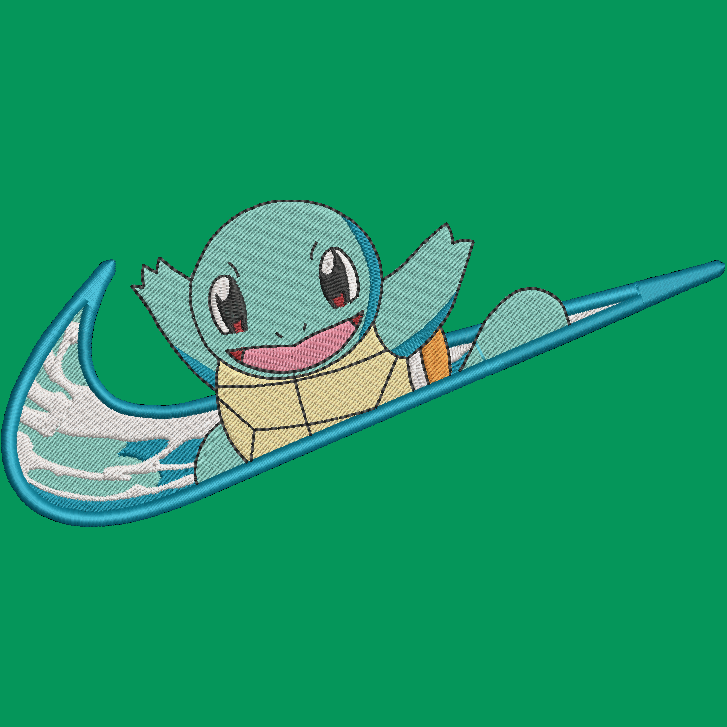 green background with embroidered pokemon squirtle character on a swoosh