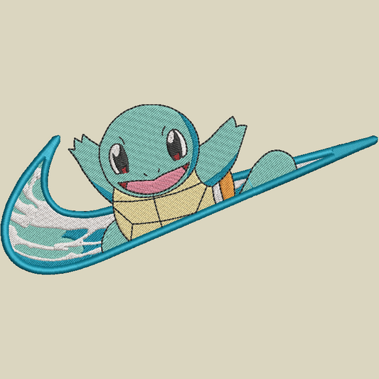 beige background with embroidered pokemon squirtle character on a swoosh