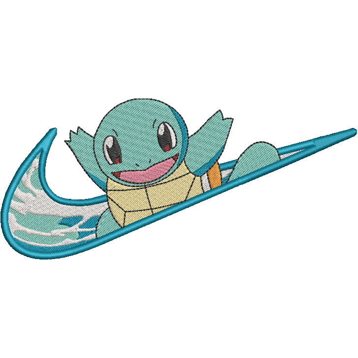 white background with embroidered pokemon squirtle character on a swoosh