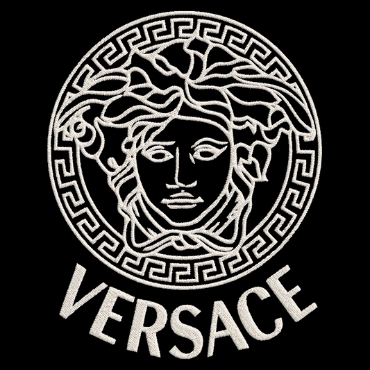 Versace logo with Medusa head design on a black background