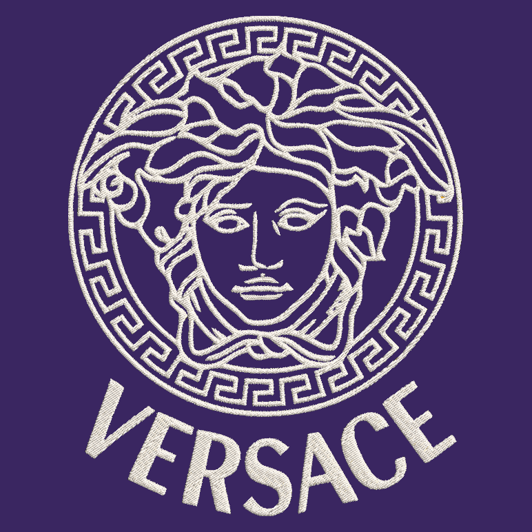 Versace logo with Medusa head design on a dark purple background