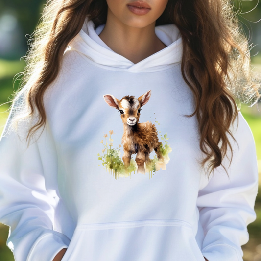 woman wearing a white sweatshirt with a watercolor style baby goat graphic on it