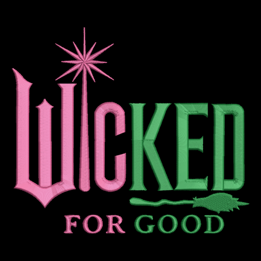 Logo for 'Wicked for Good' with pink and green text on a black background