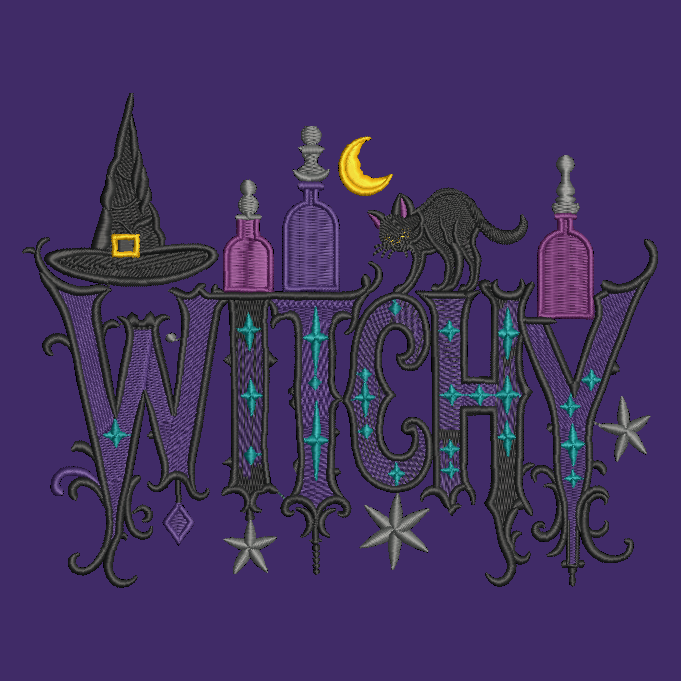 A stylized embroidered design on a purple background featuring the word “WITCH” in ornate dark lettering with purple and teal star accents, a black witch hat, two purple potion bottles, a black cat, and a yellow crescent moon.