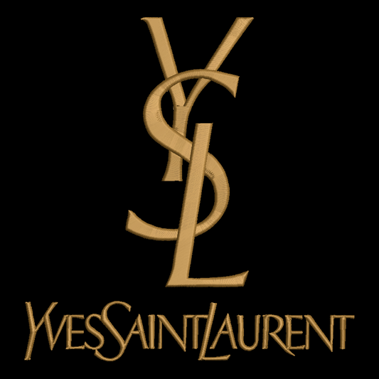 embroidered gold yves saint laurent logo on a black background