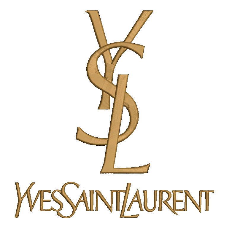 embroidered gold yves saint laurent logo on a white background