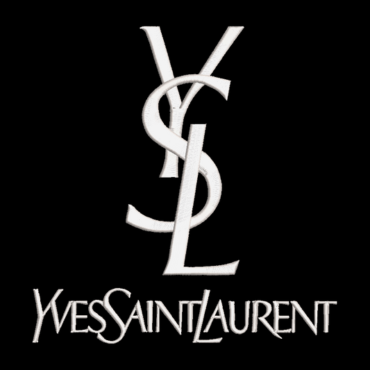 embroidered yves saint laurent logo on a black background