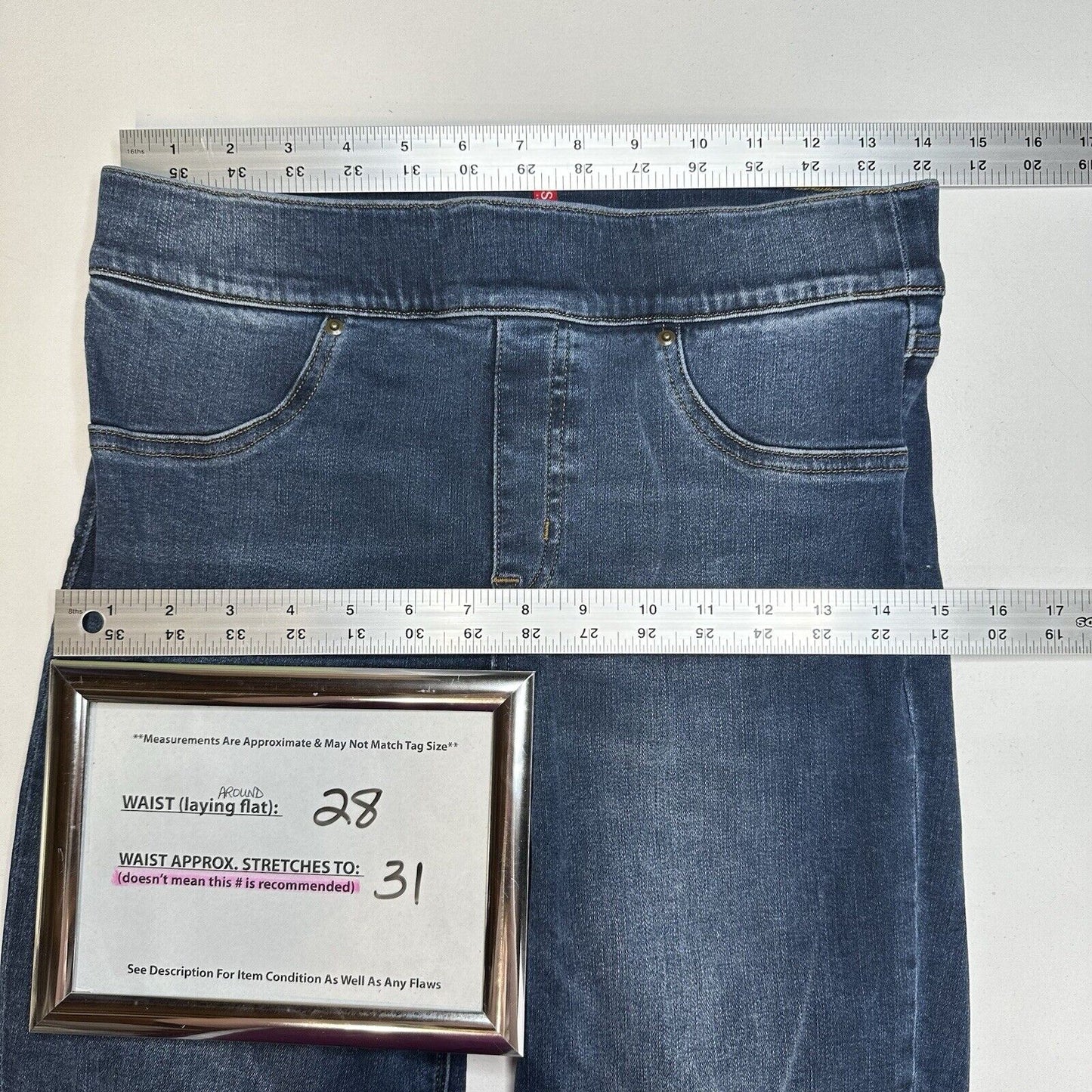 Spanx Jeans Women Medium Ankle Skinny Blue Pull On Stretch Denim Distressed Fray