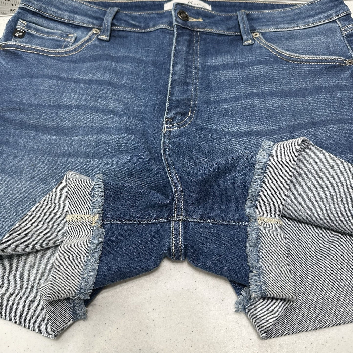 Kancan Shorts Womens 16W Cuffed Blue Denim Jean 4" Stretch Comfort Fringe EUC