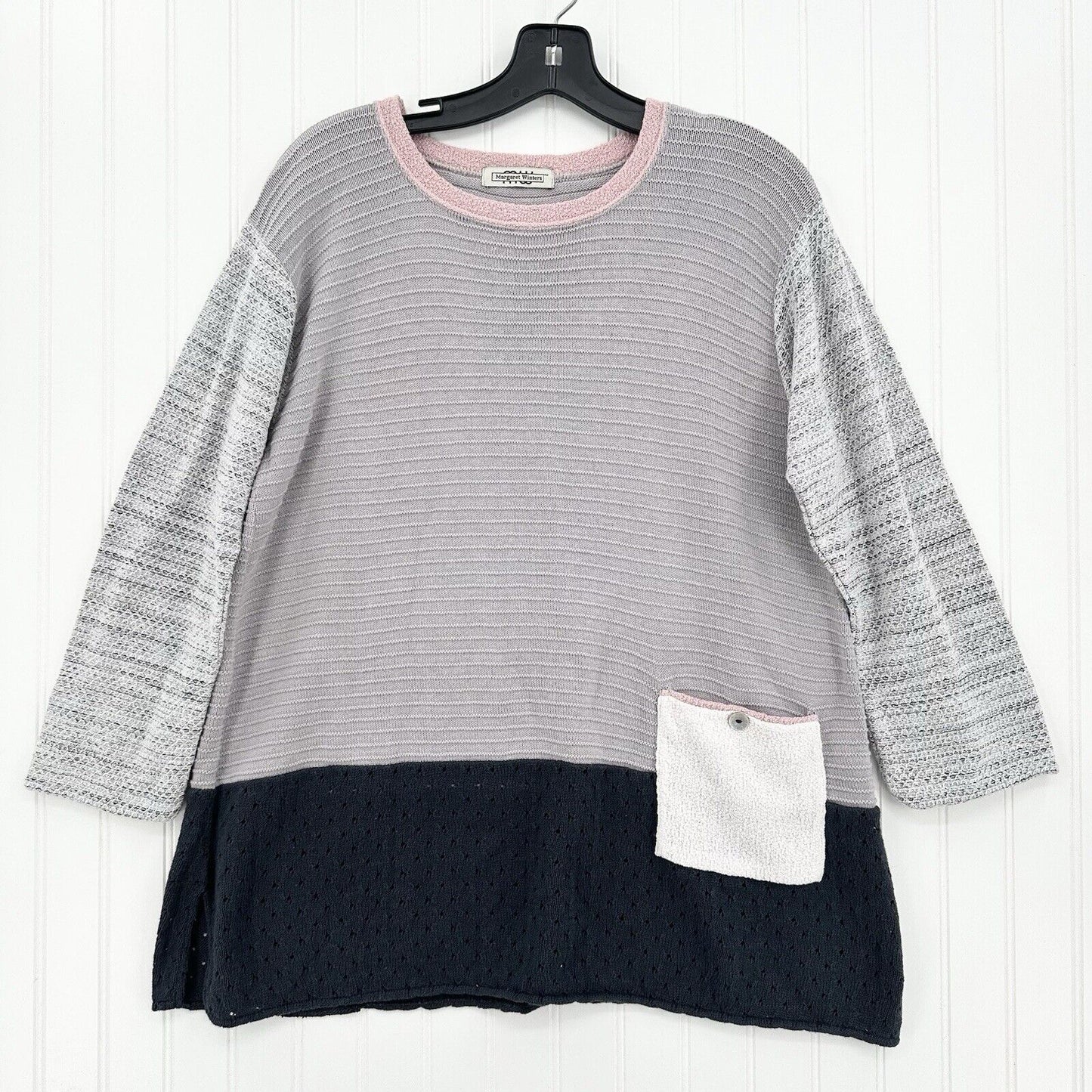 Margaret Winters Sweater Womens Medium Knit Cotton Pocket Mixed Media Boho