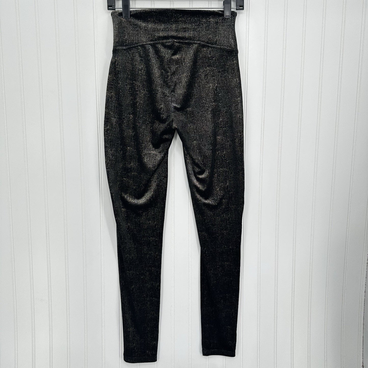 Spanx Leggings Women Velvet Shine Pants Black Gold Metallic Pull On Slimming EUC