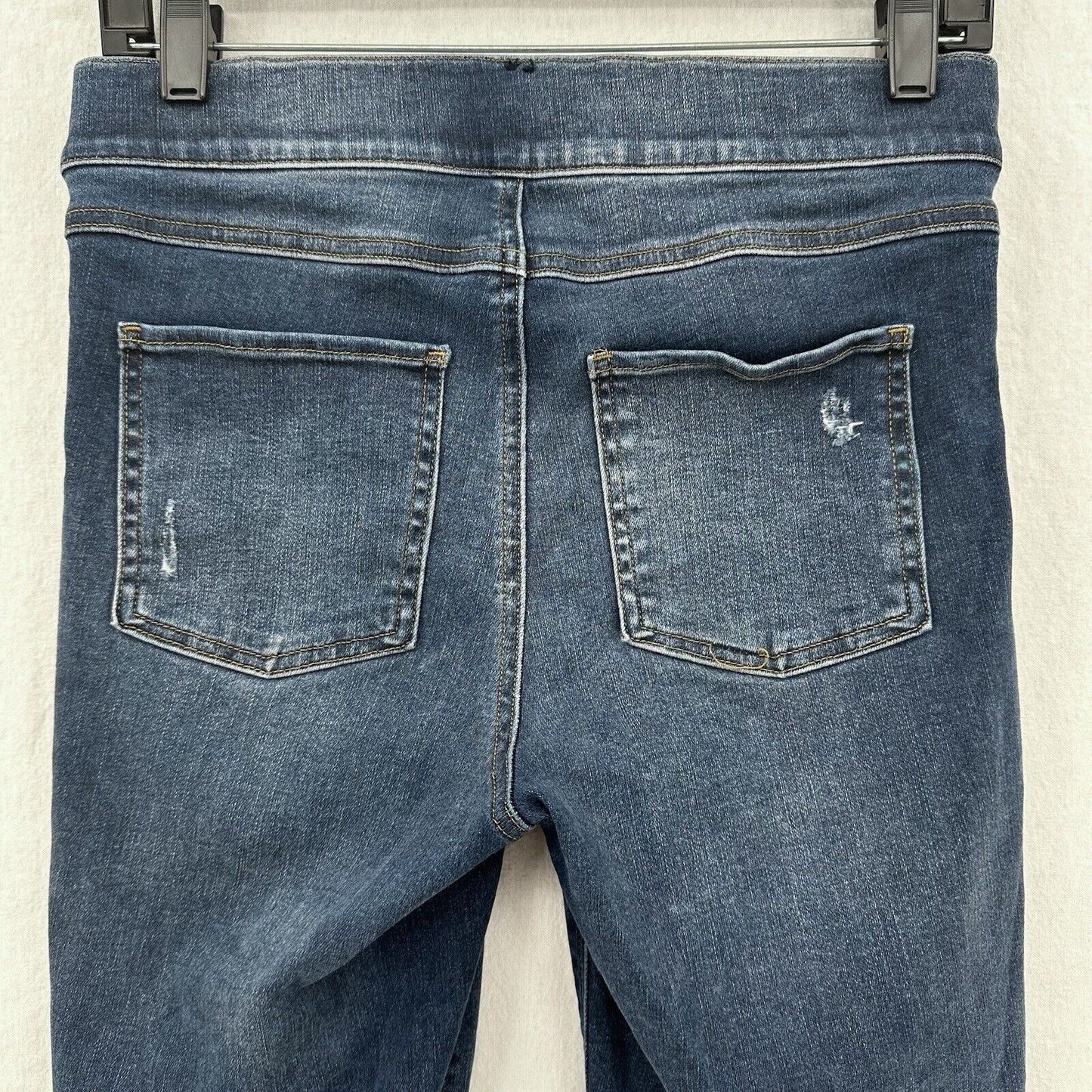 Spanx Jeans Women Medium Ankle Skinny Blue Pull On Stretch Denim Distressed Fray