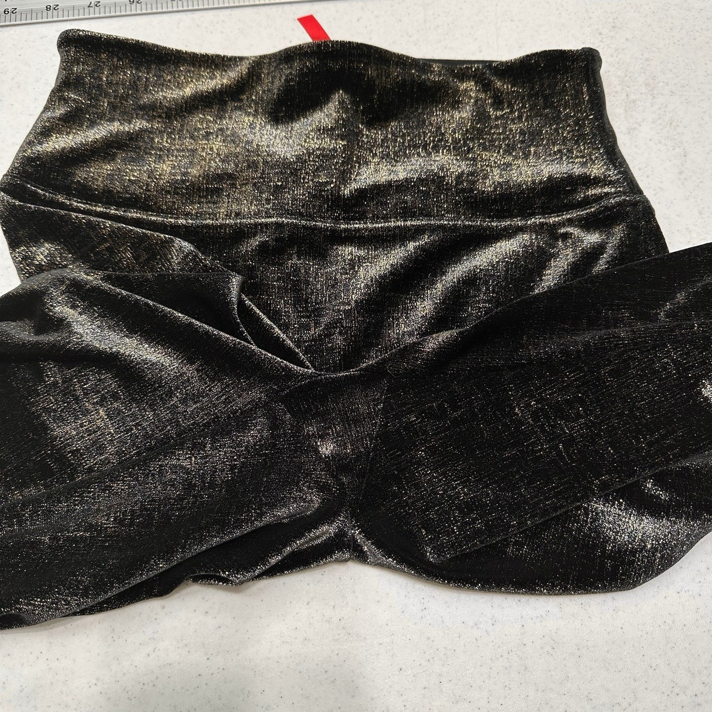 Spanx Leggings Women Velvet Shine Pants Black Gold Metallic Pull On Slimming EUC