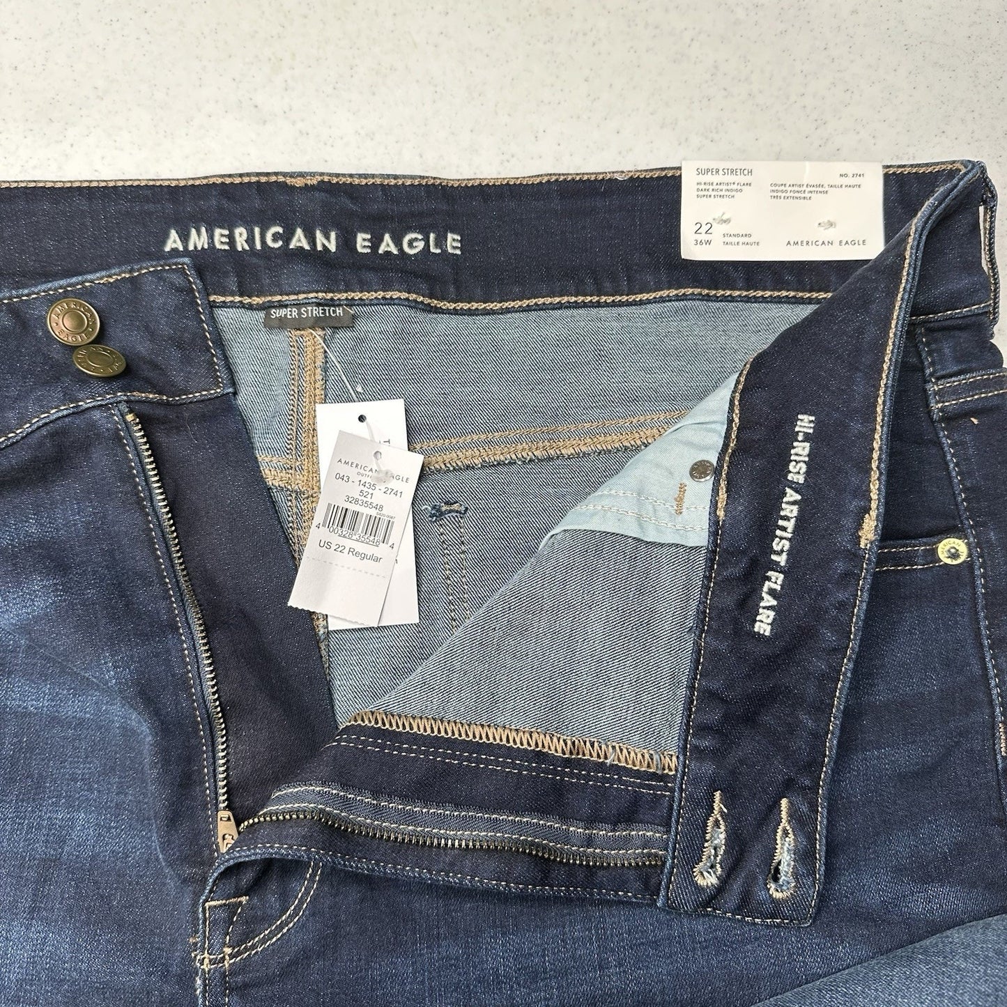 American Eagle Jeans Womens 22 Hi Rise Artist Flare Super Stretch Blue Denim NEW